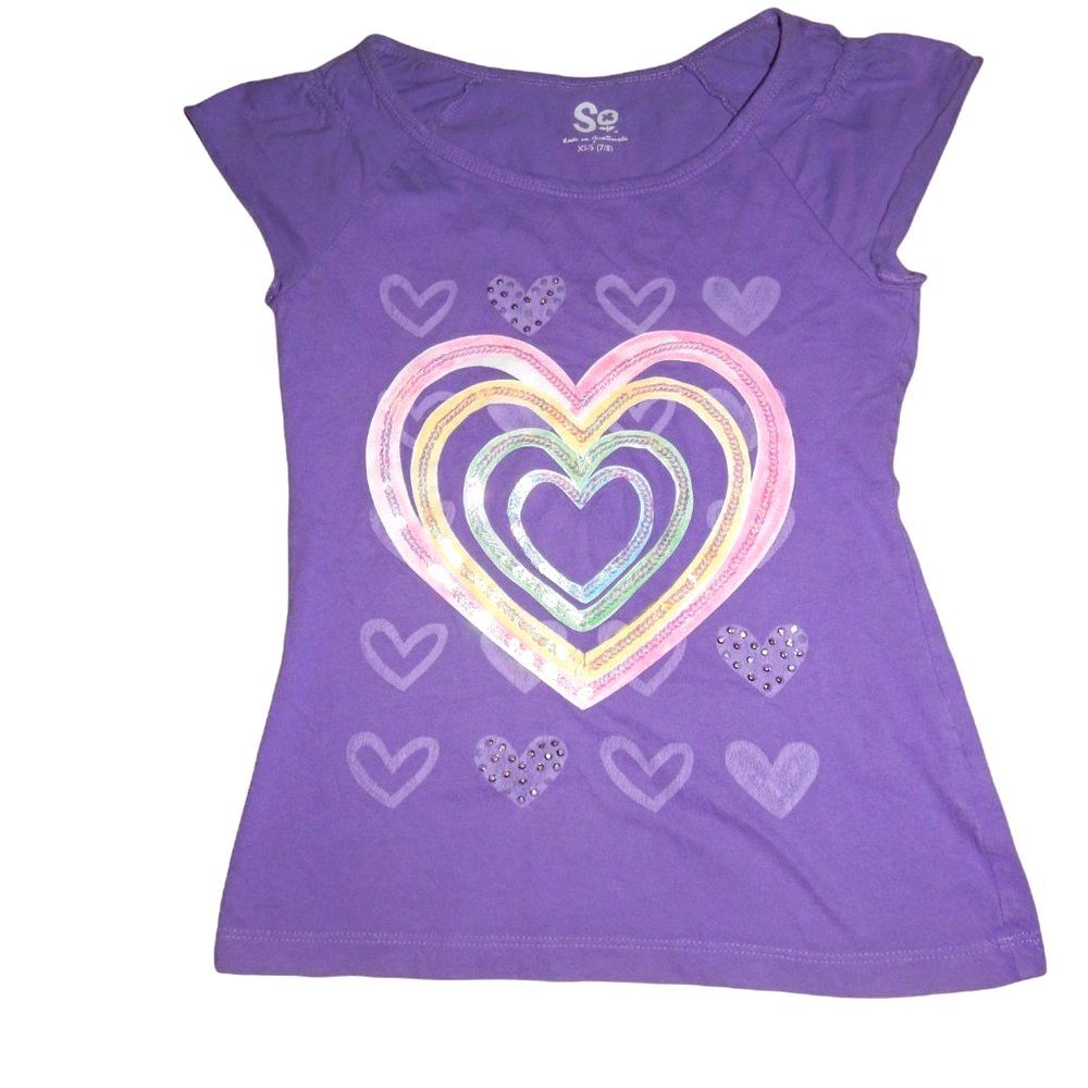 SO Heart Graphic T‑Shirt Girls XS/Small 7/8 Purple Cotton Vintage